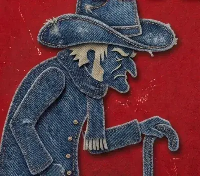 Illustration of Ebenezer Scrooge in a denim coat and hat, scowling and leaning on his cane